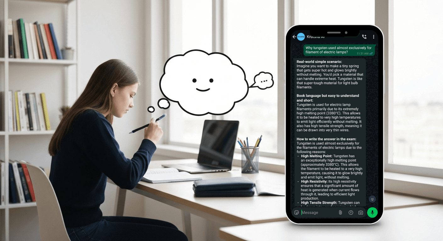 A happy Indian student using the Krutsha WhatsApp chatbot on their phone to study smarter and reduce exam stress.